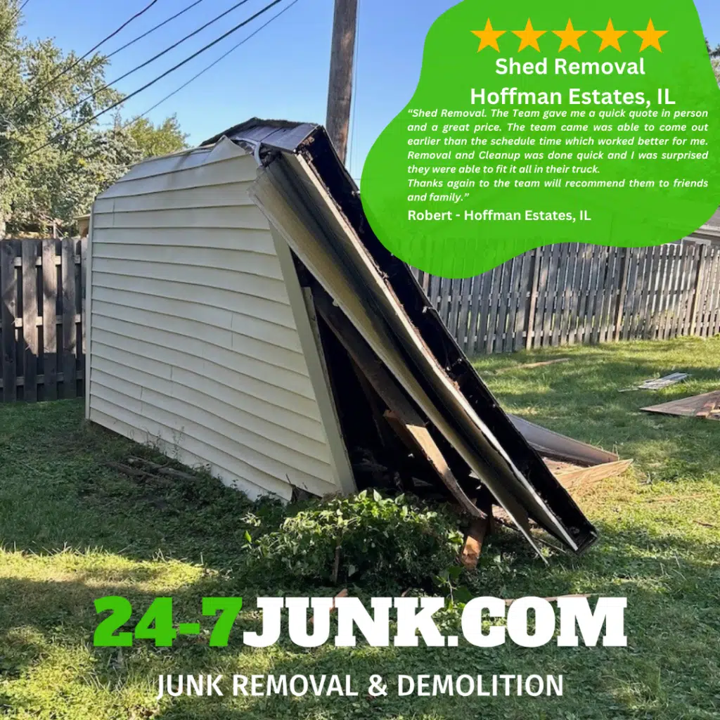 24-7JUNK.COM crew performing shed demolition and removal in Schaumburg, IL