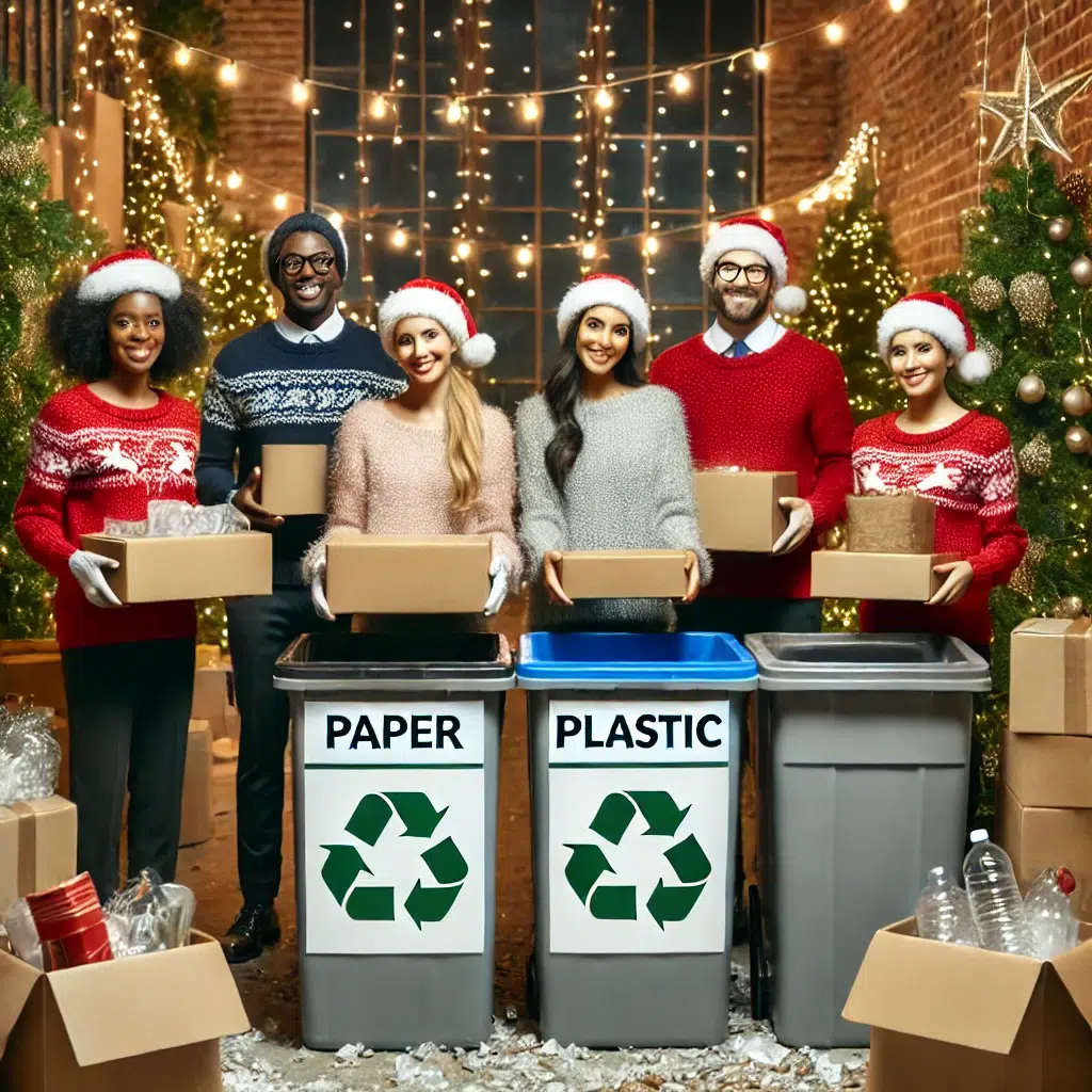 A festive retail environment during the holiday season, showcasing a group of diverse employees in holiday attire organizing waste materials like card
