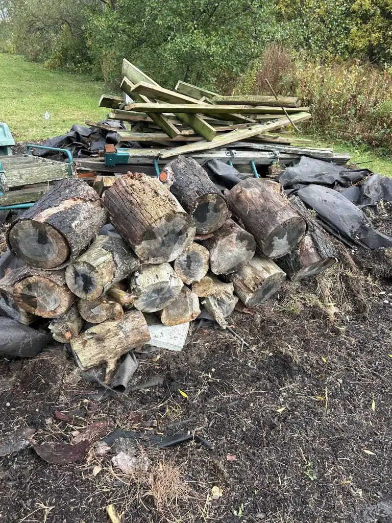 Old, wet wooden logs stacked neatly on a dirt garden bed, prepared for 24-7JUNK.COM's team to haul away as part of the yard waste removal service available in Glenview, Northbrook, and Park Ridge, IL.